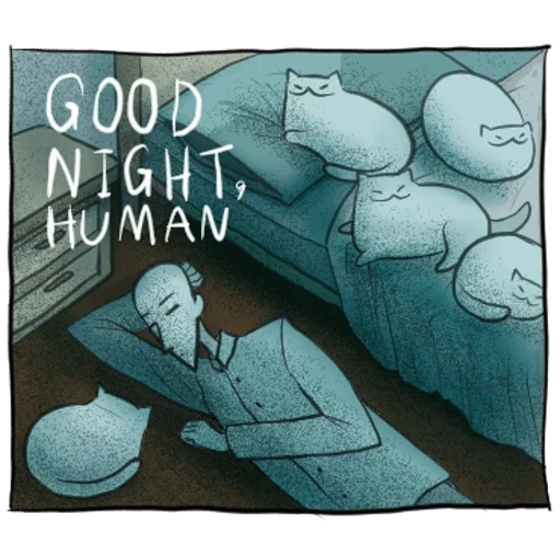 иллюстрация, спокойной ночи стикер, gloomy cat автор, монстр под кроватью, подкроватный монстр комикс