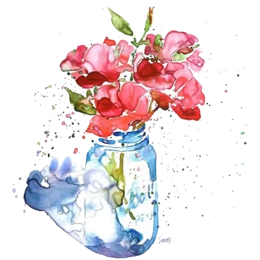 цветы акварелью, акварельные цветы, цветы вазе акварелью, ваза цветами акварелью, банка цветами акварелью