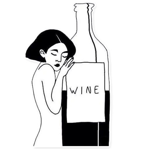 bottiglia, giovane donna, vino a maglietta, disegnare una ragazza, beve il disegno di vino