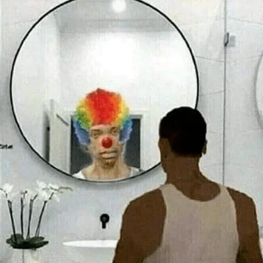 people, in the mirror, smiling face, clown mirror, fake wig