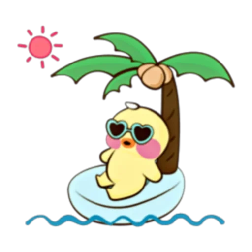 a toy, cute drawings, the animals are cute, duck under coconut, coconut palm