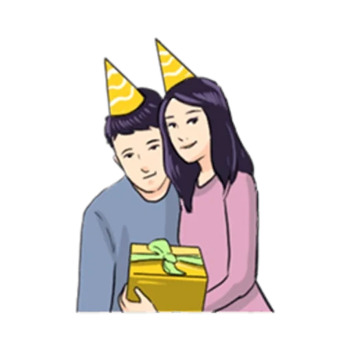 asiático, humano, cumpleaños, feliz cumpleaños, parejas de dibujos animados