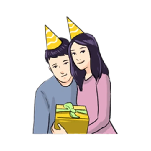 asiático, humano, aniversário, feliz aniversário, casais de desenhos animados