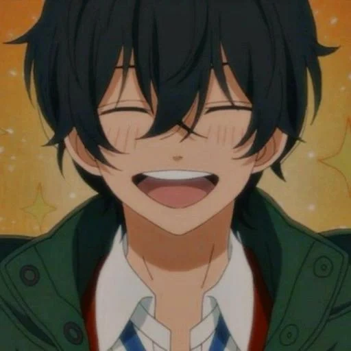 haru yoshida, anime boy, sorriso di haru, l'uomo anime sorride, mostro anime haru sulla scrivania accanto