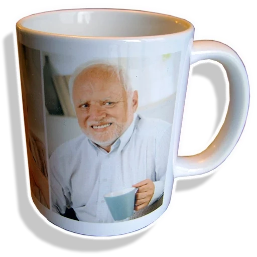 cup, memem mug, latte mug, harold with a mug, harold hiding pain