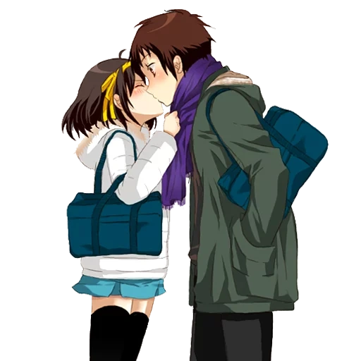 casais de anime, anime abraça, anime em algumas arte, melancolia haruhi suzumiya, beijo melancólico haruhi suzumiya