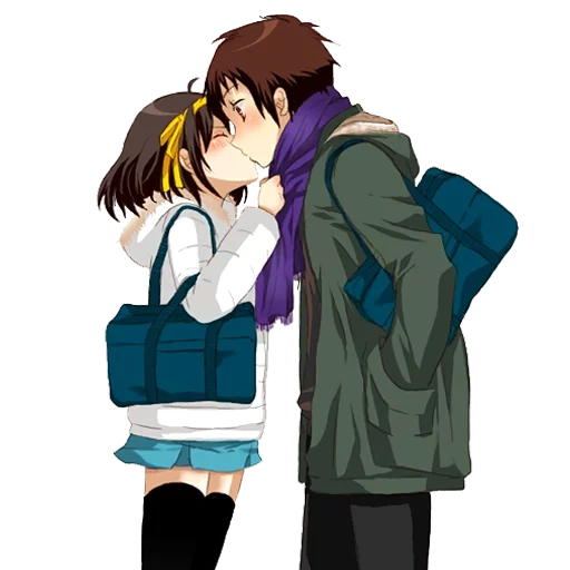 couple anime, câlins anime, anime dans un couple d'art, mélancolie haruhi suzumiya, mélancolie haruhi suzumiya baiser