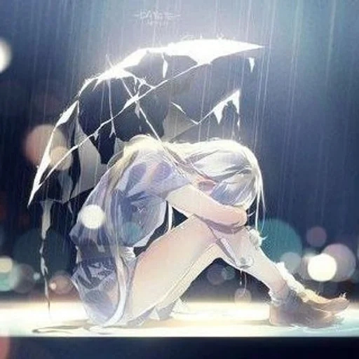аниме арты, аниме девушки, аниме под дождем, аниме дождь грусть, аниме девушка под дождем
