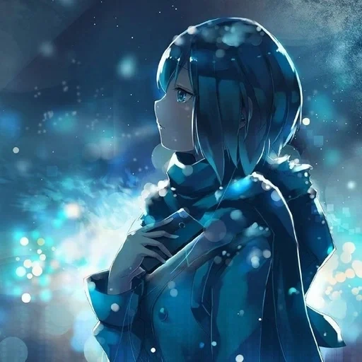 аниме, аниме зима, аниме девушки, грустная аниме девушка, девушка синими волосами зимой арт