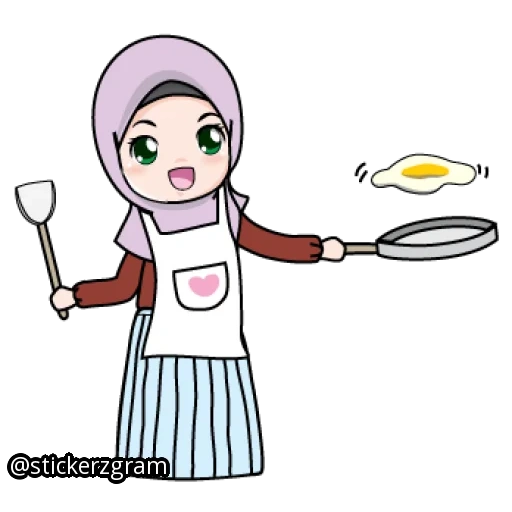 kartun, hijabe, wanita muda, masak hijabe, emoji islam