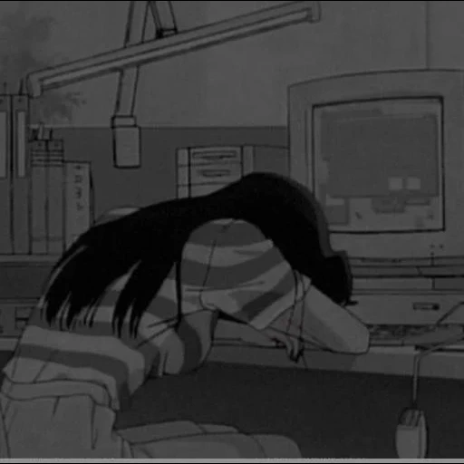 animação, figura, animação triste, animação preto e branco, garota de anime cansada retorna ao trabalho
