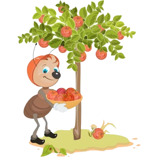 apple tree, яблоня вектор сток, иллюстрация дерево, яблоня девочка вектор, рисунок муравьи собирают яблоки