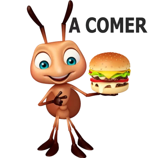 hormiga, buena hormiga, la hormiga es el almuerzo, hormiga feliz, ilustración de hamburguesas