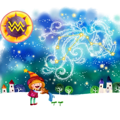 aquário zodiac, constelação de sonhos, desenho animado sobre as constelações, desenho animado sobre as constelações, céu estrelado com sinais das crianças do zodíaco