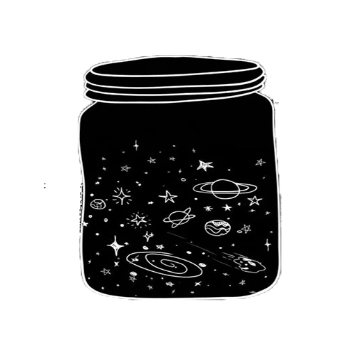 space bank, space jar, cosmos jar drawing, black white space bank, black background drawing is light