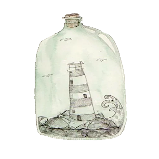 bottiglia nera 9l, bottiglia di vetro, una bottiglia di illustrazione, una bottiglia di acquerello di mare, faro di un flacone di vetro
