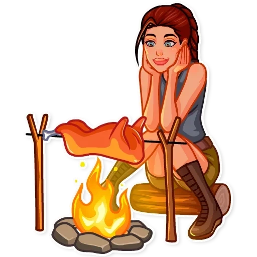 laura croft, wanita yang memasak di dekat api unggun