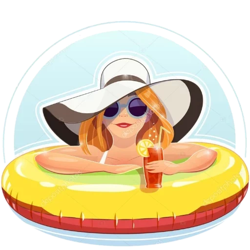 девушка шляпе, девушка круге рисунок, девушка пляже коктейлем рисунок, девушка пляже шляпе векторная иллюстрация