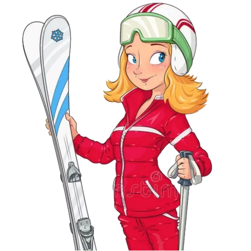 девочка лыжах, кататься лыжах, горные лыжи спорт, шарж девушка лыжах, мультяшная женщина лыжами