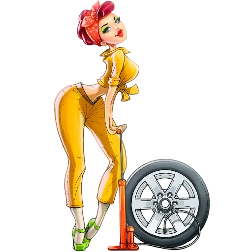 мультяшные девушки, девушка автомеханик, девушка колесом вектор, девушка колесом рисунок, девушка механик колесом