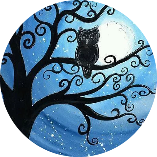 noctámbulo, gato de luna, imagen acrílica de un búho con fondo de la luna