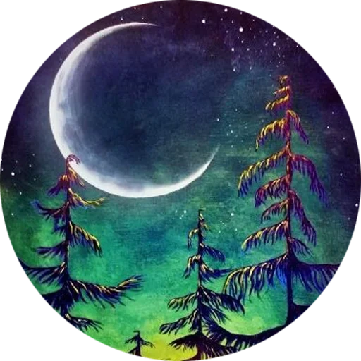 moon forest, the moon is round, pictures by the moon, landscape circle with watercolors, bob ross pictures moon