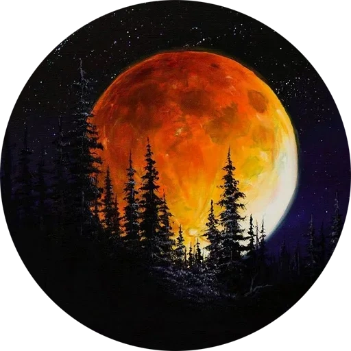 картина луна, ночной пейзаж гуашью, красная луна живопись