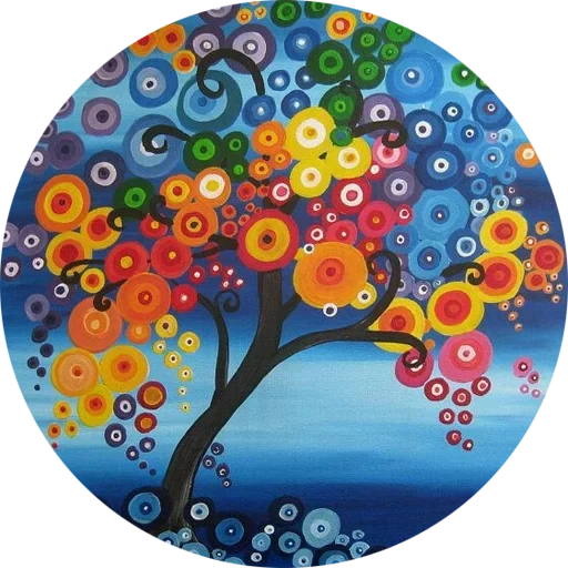 lukisan pohon, serat kayu berwarna, happiness tree painting, lukisan kayu bulat