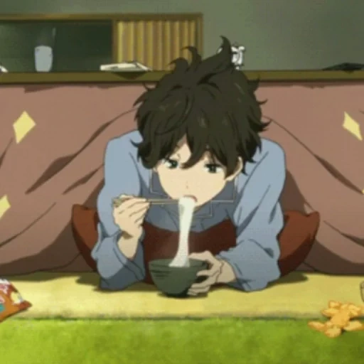 animação, figura, oreki houtarou, noguchi e taro estão sonolentos, café de anime noguchi taro