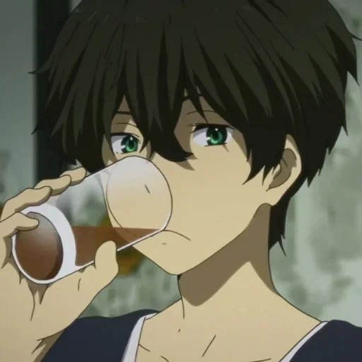 picture, kun anime, eren anime, oreki houtarou, anime guy drinks water