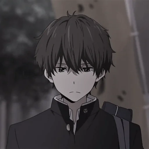 figure, anime dark color, sad animation, cartoon characters, oreki hotaro smiles