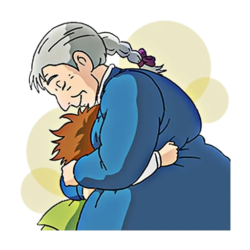nonna, dipinto della nonna, pittura della vecchia signora, la nonna abbraccia il nipote
