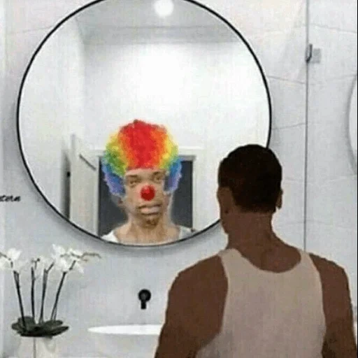 people, smiling face, clown mirror, look in the mirror, the clown looks in the mirror