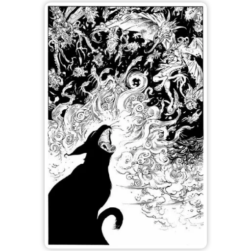 сон графика, чёрная кошка, рисунки тушью, темные рисунки, две черных кошки арт тушью