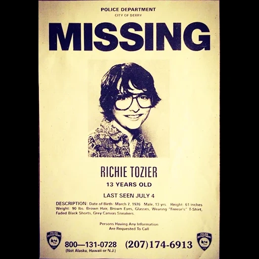 missing, stephen king, richie tozier, missing poster, missing richie tozier