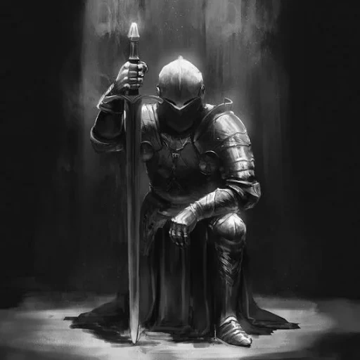 ksatria berlatar hitam, ksatria seni jiwa iblis, puncak sinisme yang acuh tak acuh, bald knight dark soul, ksatria templar berlutut