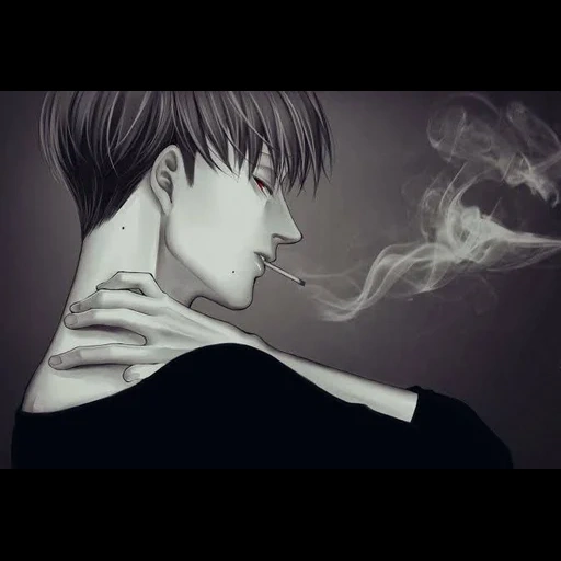 рисунок, аниме парень курит, курящий парень аниме, аниме карандашом парни, аниме парень сигаретой