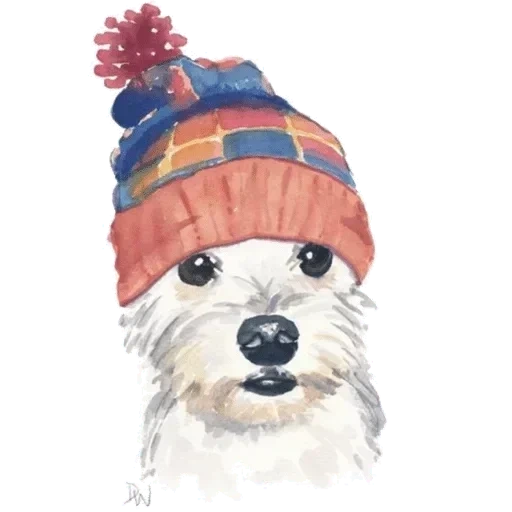 собака акварелью, собака шапке вектор, постер собаками шапках, вест хайленд уайт терьер, новогодняя собака акварелью