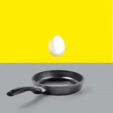 wajan, item di atas meja, telurnya bergerak, warna latar belakang kuning, gradient yellow