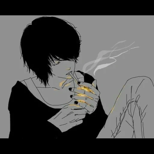 рисунок, человек, курящий подросток арт, аниме парень сигаретой, аниме парень сигаретой во рту