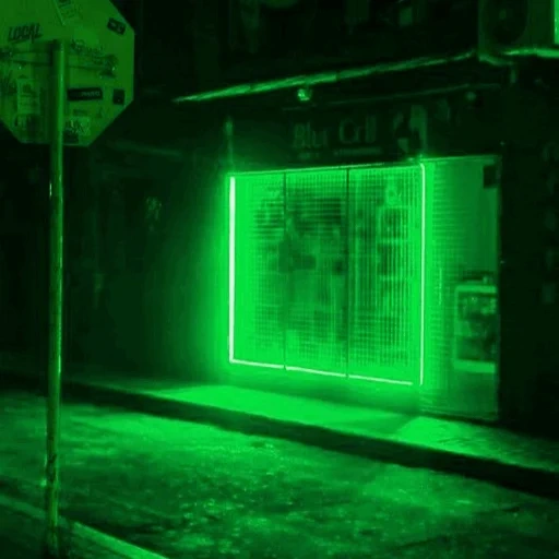 darkness, laser beam, black and green neon lights, painting booth, powder spray booth