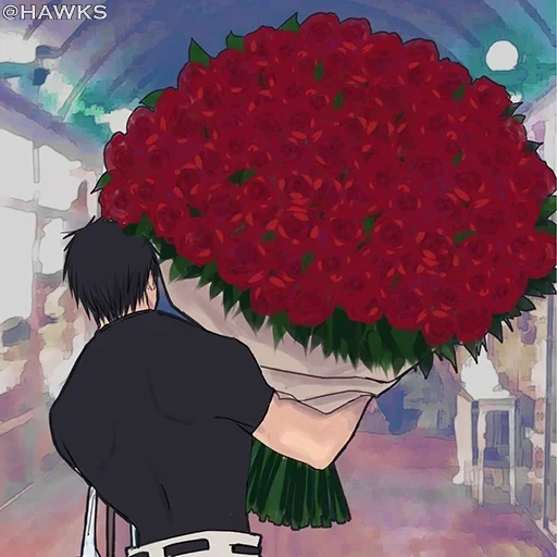 букеты цветов, хибари кея ожп, огромный букет, парень огромным букетом роз, мужчина букетом цветов мультяшный
