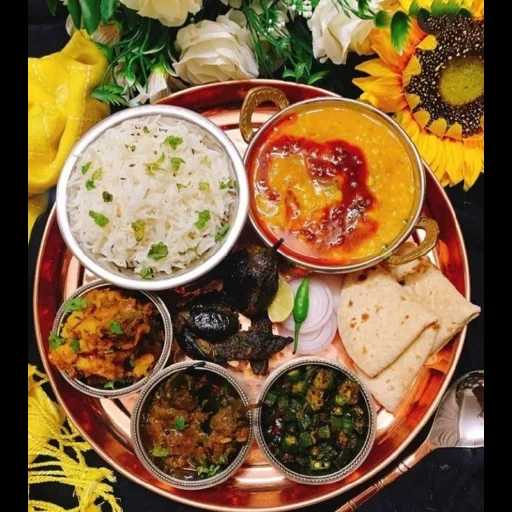 блюда, veg thali, предметы столе, индийская кухня тхали, индийская кухня папад