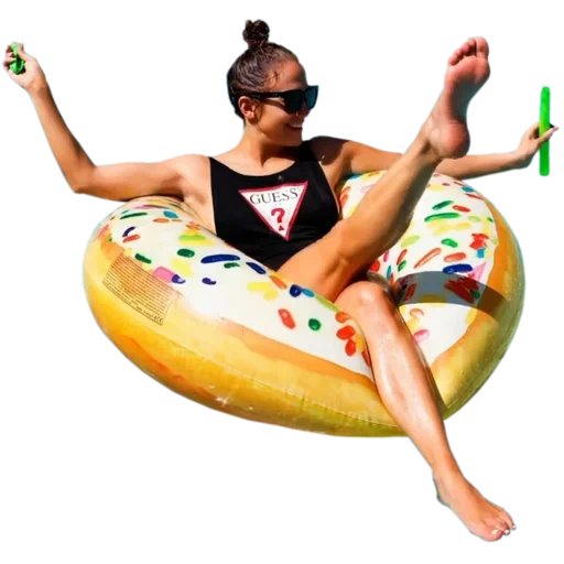 young woman, inflatable circle, inflatable donut, circle of inflatable donut, circle of inflatable donut