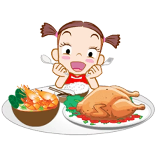 hein, les objets de la table, illustration alimentaire, food clipart enfants, girl mange du dessin de la bouillie