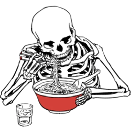 das skelett, kaffee mit skelett, skelettskizze, pizza mit skelett, aufkleber mit skelett