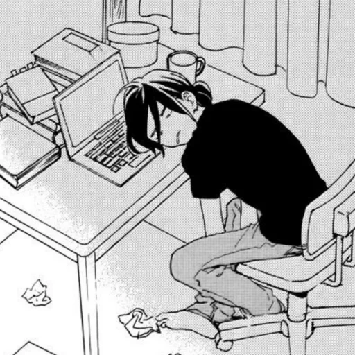рисунок, манга аниме, популярная манга, аниме парень спит парте, девочка сидит за компом манга