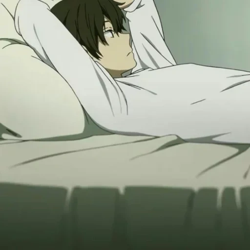 figure, cartoon bed, cartoon characters, anime kun falls asleep, get up in bed animation