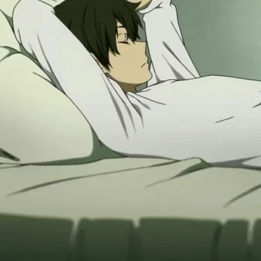 figure, cartoon bed, cartoon characters, anime kun falls asleep, get up in bed animation