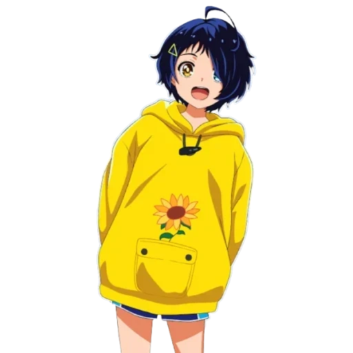 wonder egg, anime characters, anime sweatshirt, yellow sweatshirt, anime with a yellow sweatshirt
